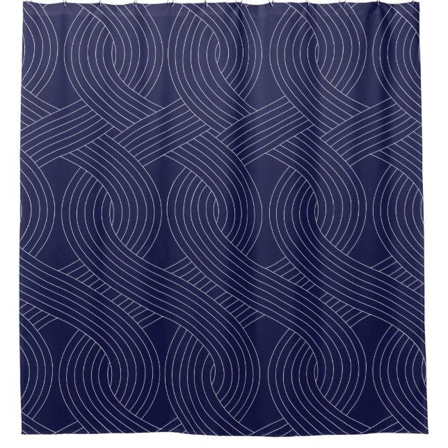Navy Blue Shower Curtain, White Interlocking Lines (Front)