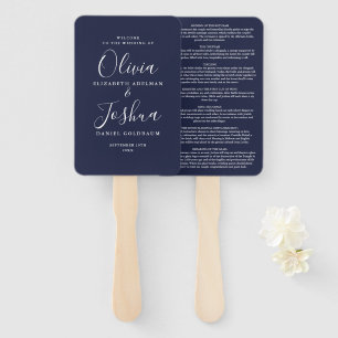 Navy Blue Signature Script Jewish Wedding Hand Fan