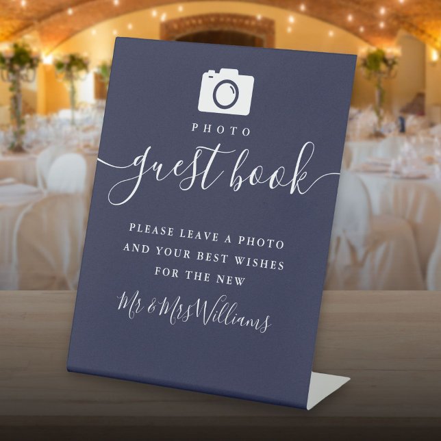 Navy Blue Signature Script Photo Guest Book Pedestal Sign (Navy Blue Signature Script Photo Guest Book Pedestal Sign)
