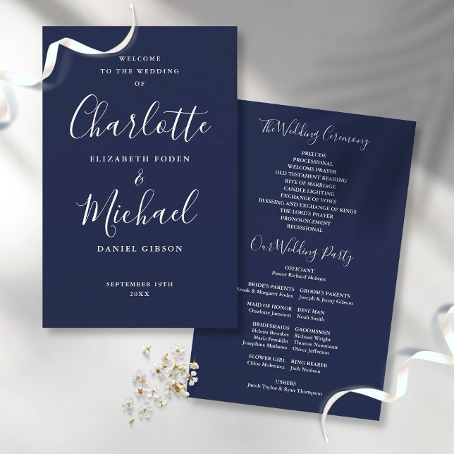 Navy Blue Signature Script Wedding Program (Creator Uploaded)