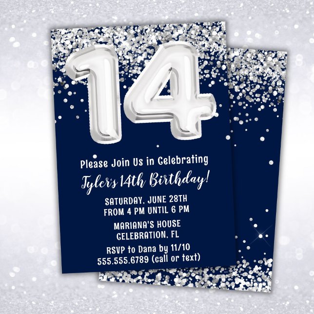 Navy Blue Silver 14th Birthday Party Invitation (Creator Uploaded)