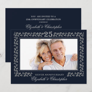 Navy Blue Silver 25th Wedding Anniversary Photo Invitation