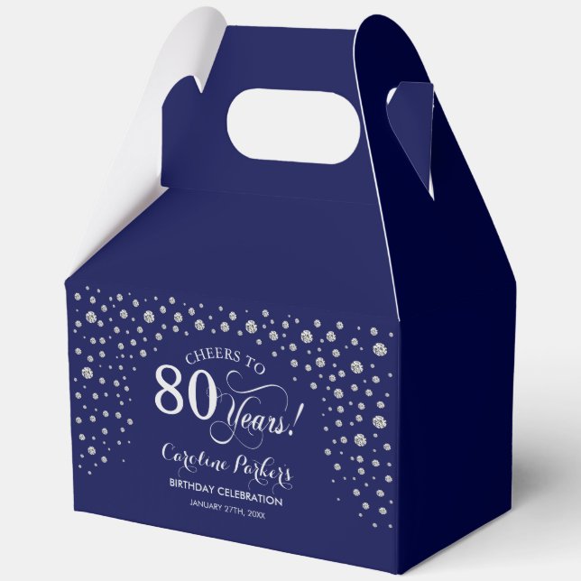 Navy Blue Silver 80th Birthday Favor Box (Front)