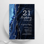 Navy Blue Silver Agate 21st  Birthday Invitation<br><div class="desc">Navy blue and silver agate 21st birthday party invitation. Elegant modern design featuring royal blue watercolor agate marble geode background,  faux glitter silver and typography script font. Trendy invite card perfect for a stylish women's bday celebration. Printed Zazzle invitations or instant download digital printable template.</div>