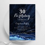 Navy Blue Silver Agate 30th Birthday Invitation<br><div class="desc">Navy blue and silver agate 30th birthday party invitation. Elegant modern design featuring royal blue watercolor agate marble geode background,  faux glitter silver and typography script font. Trendy invite card perfect for a stylish women's bday celebration. Printed Zazzle invitations or instant download digital printable template.</div>