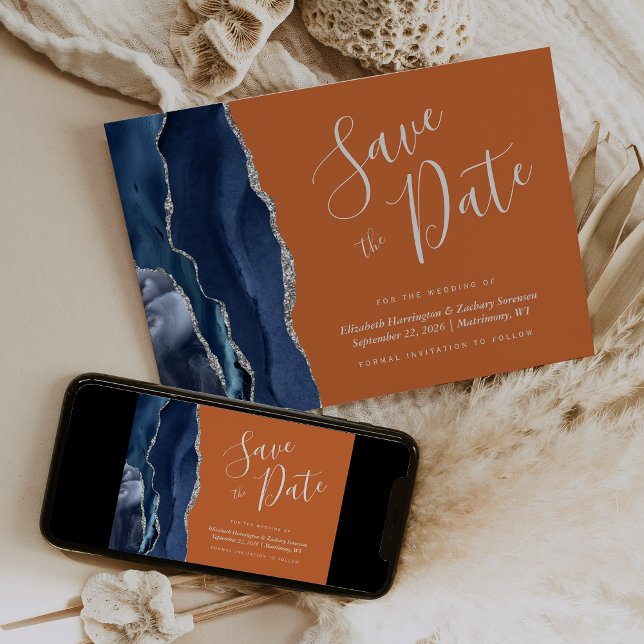 Navy Blue Silver Agate Burnt Orange Save the Date Invitation (Creator Uploaded)