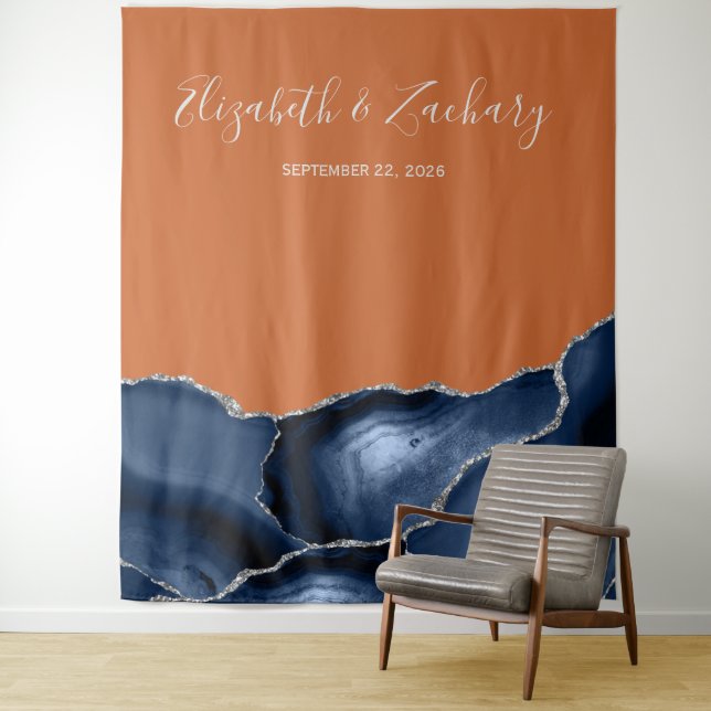Navy Blue Silver Agate Burnt Orange Wedding Tapestry (In Situ)