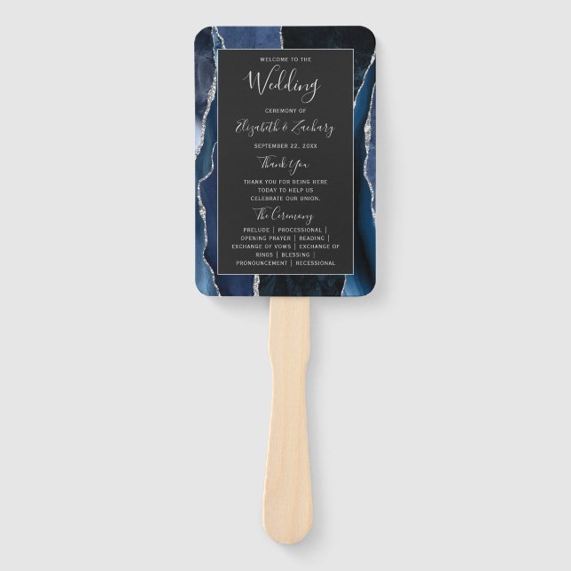 Navy Blue Silver Agate Dark Wedding Program Hand Fan (Front)