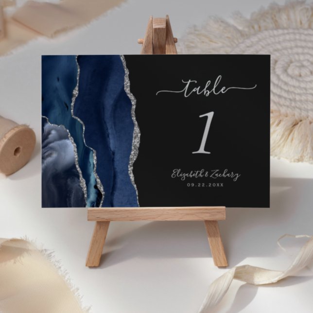 Navy Blue Silver Agate Dark Wedding Table Number (Creator Uploaded)