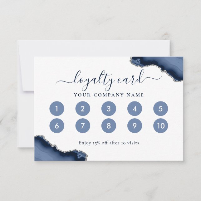 Navy Blue Silver Agate Glitter Loyalty Card (Front)