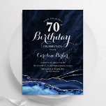 Navy Blue Silver Agate Marble 70th Birthday Invitation<br><div class="desc">Navy blue and silver agate 70th birthday party invitation. Elegant modern design featuring royal blue watercolor agate marble geode background,  faux glitter silver and typography script font. Trendy invite card perfect for a stylish women's bday celebration. Printed Zazzle invitations or instant download digital printable template.</div>