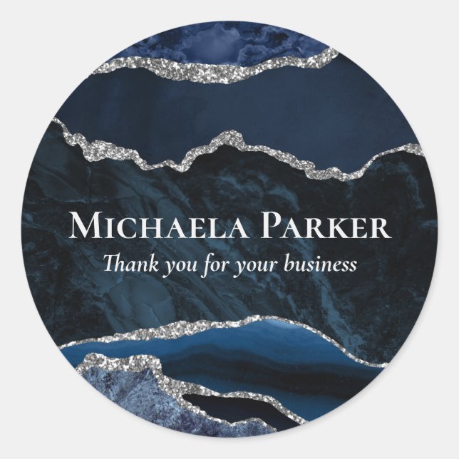 Navy Blue Silver Agate Marble Business Thank You Classic Round Sticker (Front)
