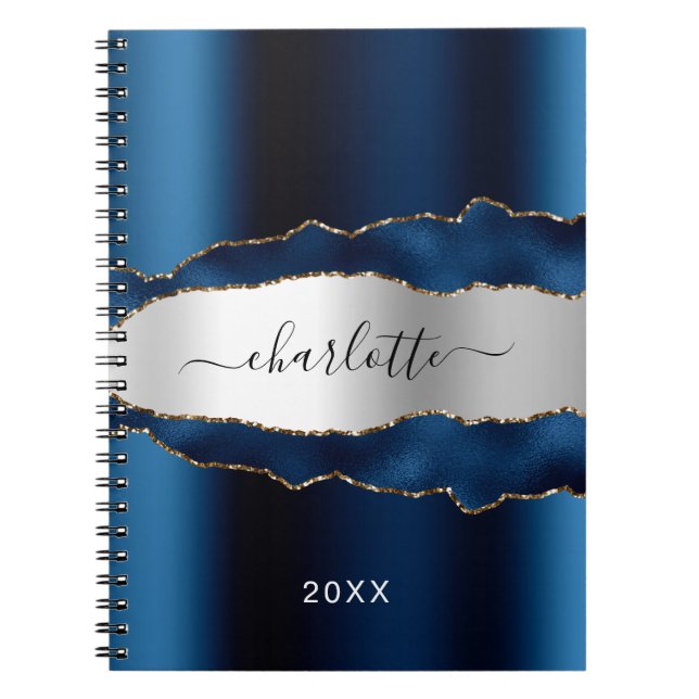 Navy blue silver agate marble name script notebook (Front)