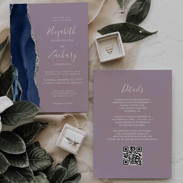 Navy Blue Silver Agate Mauve QR Code Wedding Invitation (Creator Uploaded)