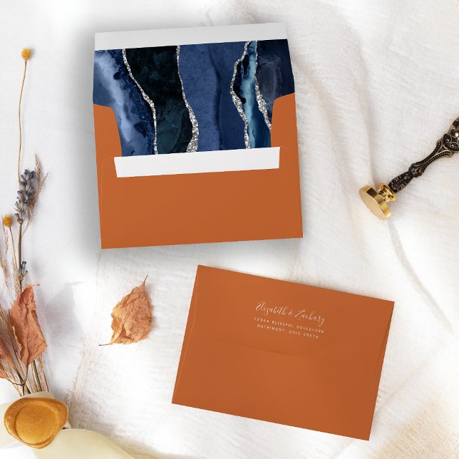 Navy Blue Silver Agate Orange Wedding Envelope (Creator Uploaded)