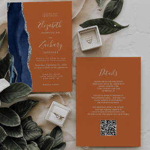 Navy Blue Silver Agate Rust QR Code Wedding Invitation