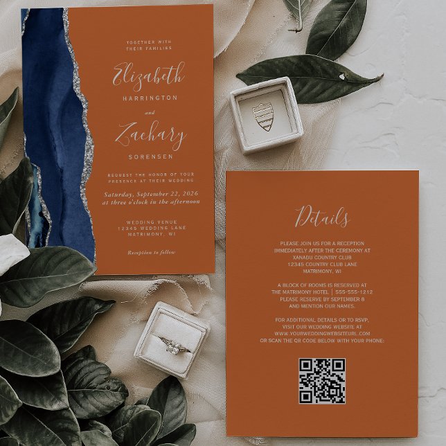Navy Blue Silver Agate Rust QR Code Wedding Invitation (Creator Uploaded)