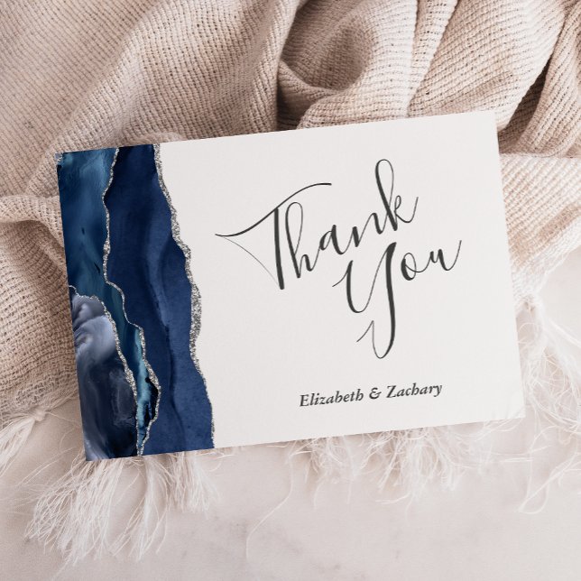 Navy Blue Silver Agate Wedding Flat Thank You Card (Creator Uploaded)