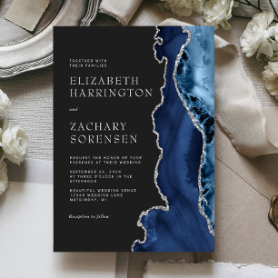 Navy Blue Silver Agate Wedding Invitation
