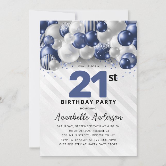 Navy Blue Silver Balloon Glitter 21st Birthday Invitation (Front)