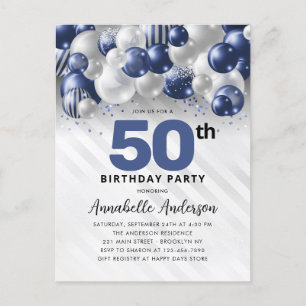 Navy Blue Silver Balloon Glitter 50th Birthday  Postcard