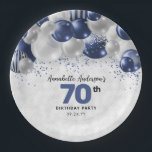 Navy Blue Silver Balloon Glitter 70th Birthday Paper Plate<br><div class="desc">Modern Glam Navy Blue Silver Balloon Glitter Sparkle Any Age Birthday Party Plates</div>