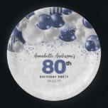 Navy Blue Silver Balloon Glitter 80th Birthday Paper Plate<br><div class="desc">Modern Glam Navy Blue Silver Balloon Glitter Sparkle Any Age Birthday Party Plates</div>