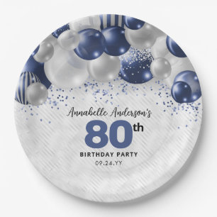 Navy Blue Silver Balloon Glitter 80th Birthday Paper Plate