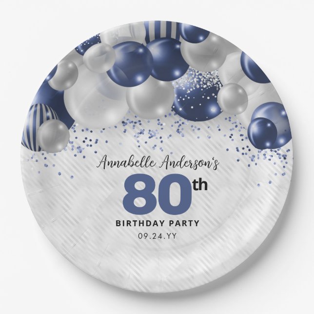 Navy Blue Silver Balloon Glitter 80th Birthday Paper Plate (Front)