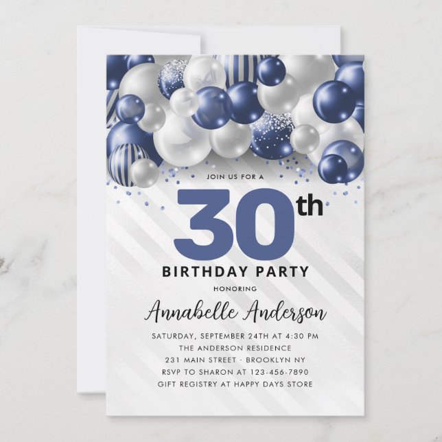 Navy Blue Silver Balloon Glitter Any Age Birthday Invitation (Front)