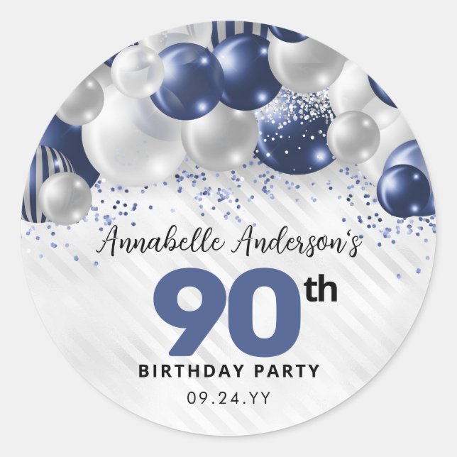 Navy Blue Silver Balloon Glitter Favour Birthday Classic Round Sticker (Front)