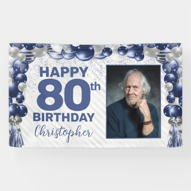 Navy Blue Silver Balloon Photo 80th Birthday Banner (Horizontal)