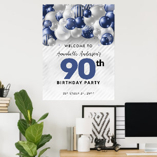 Navy Blue Silver Balloon Welcome 90th Birthday Poster