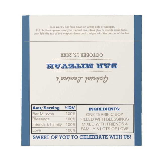 Navy Blue & Silver Bar Mitzvah Candy Wrappers Notepad (Front)