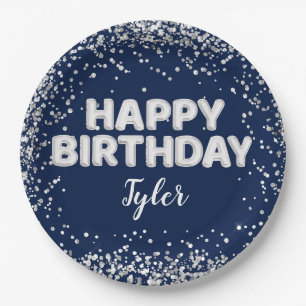 Navy Blue Silver Birthday Party Paper Plate