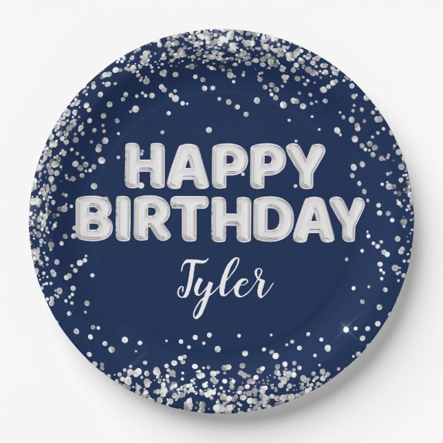 Navy Blue Silver Birthday Party Paper Plate (Front)