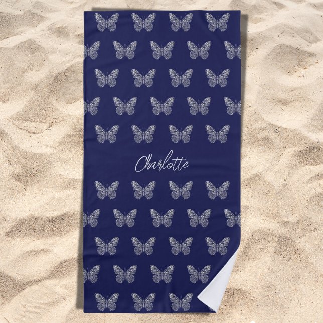 Navy blue silver butterflies pattern name script beach towel (Creator Uploaded)