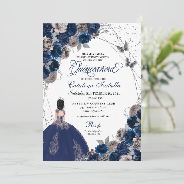 Navy Blue & Silver Butterfly Princess Quinceanera Invitation (Standing Front)