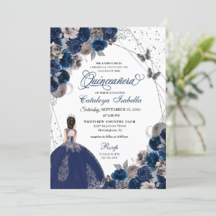 Navy Blue & Silver Butterfly Princess Quinceanera Invitation