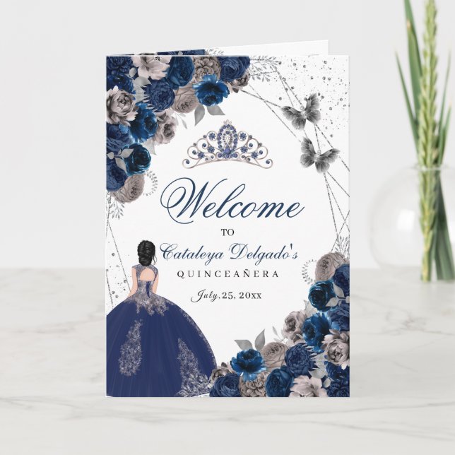 Navy Blue Silver Butterfly Quinceanera Program (Front)