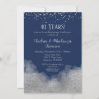 Navy Blue Silver Confetti Anniversary Invitation
