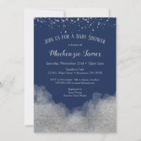 Navy Blue Silver Confetti Baby Shower Invitation