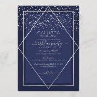 Navy Blue Silver Confetti Border Birthday