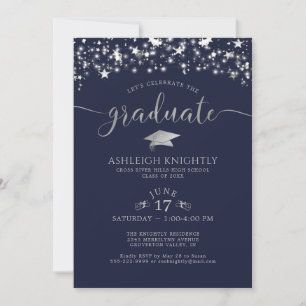Navy Blue Silver Confetti Stars Graduation Party Invitation