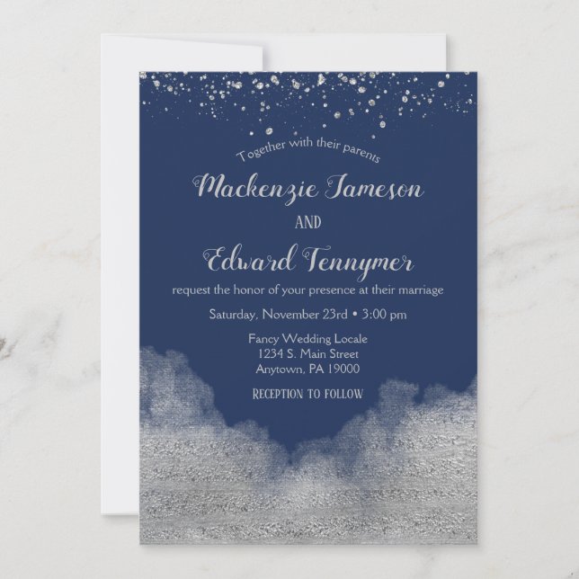 Navy Blue Silver Confetti Wedding Invitation (Front)