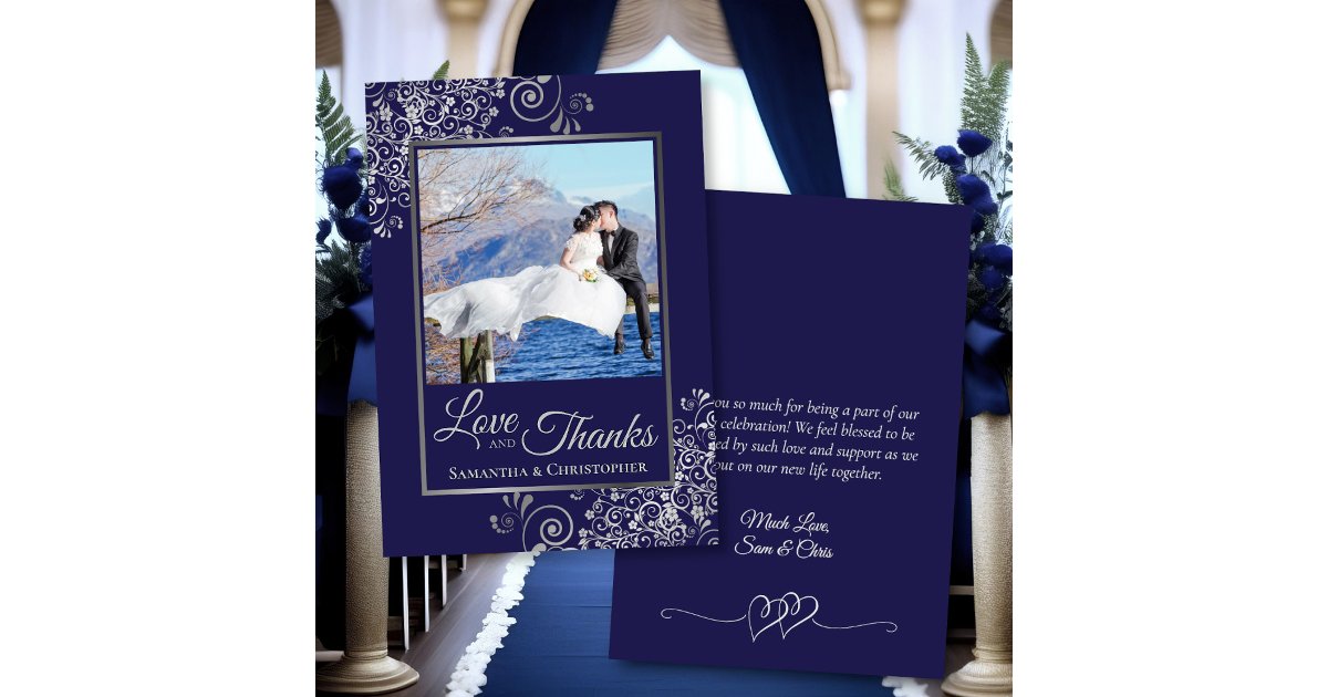 Navy Blue & Silver Curls Photo & Note Wedding Thank You Card | Zazzle