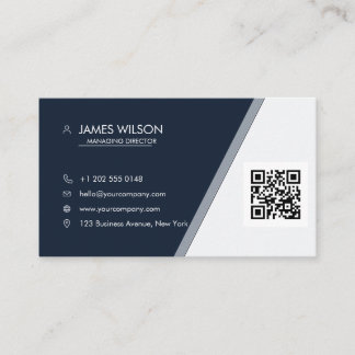 Navy Blue Silver Custom Logo QR Business Card
