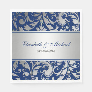 Navy Blue Silver Damask Swirls Wedding Napkin