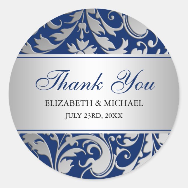 Navy Blue Silver Damask Swirls Wedding Thank You Classic Round Sticker (Front)