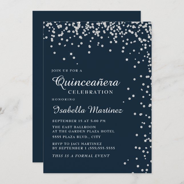 Navy Blue Silver Diamond Confetti Quinceañera Invitation (Front/Back)